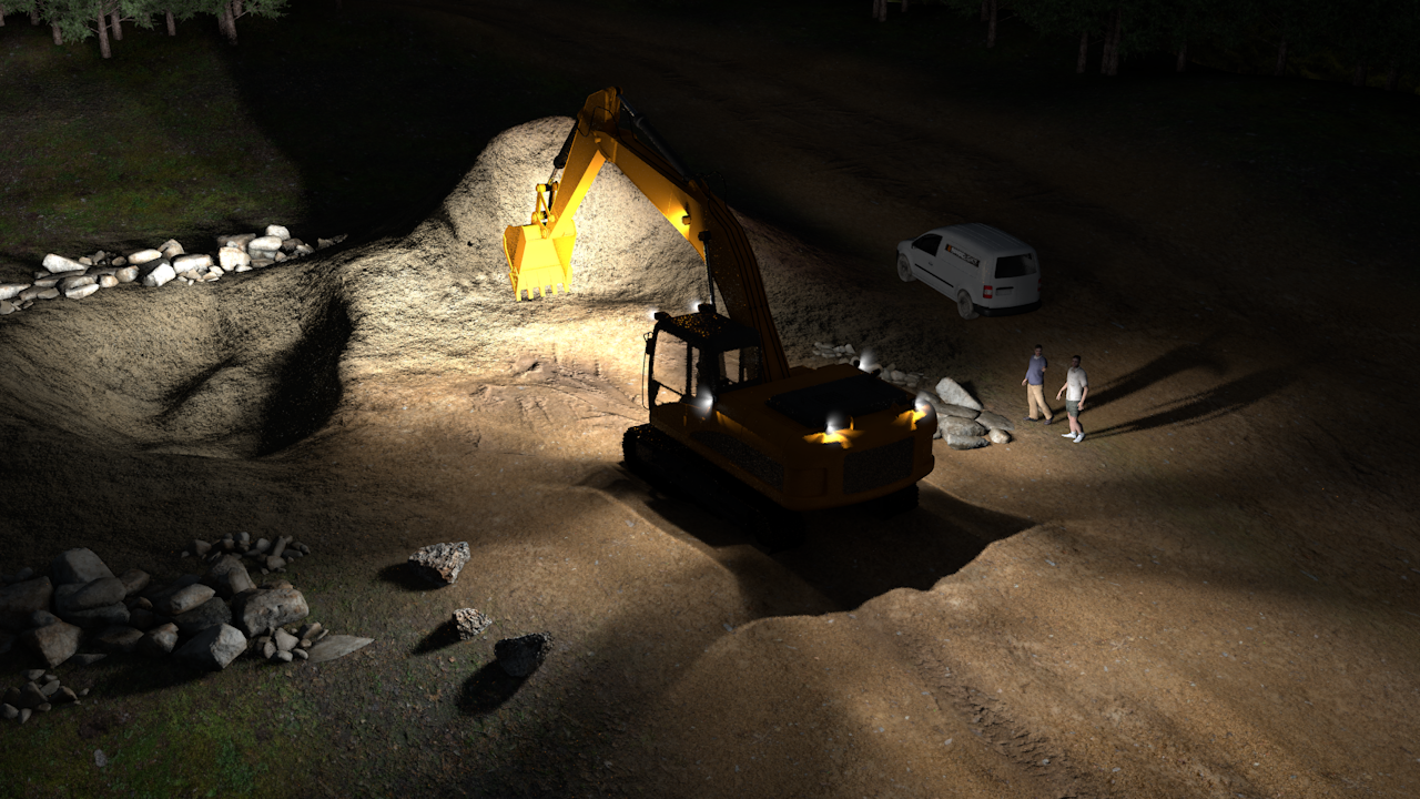 Example simulation of Professional LED excavator lights for medium-sized excavators