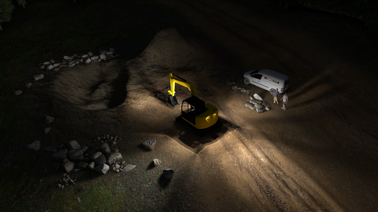 Example simulation of Led excavator lights for small excavators, compact baggers