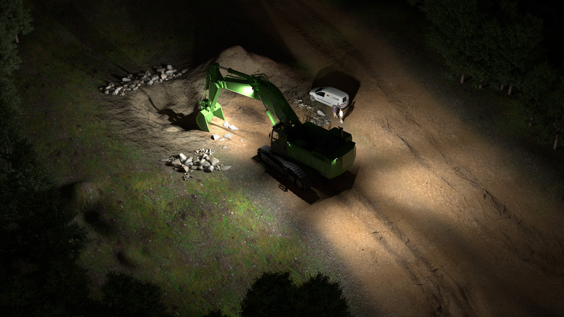 Example simulation of professional LED excavator lights for large excavators