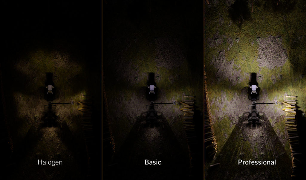 Simulated comparison of Halogen vs Nordic Lights LED Basic vs Professional LED light upgrade on Forestry forwarder