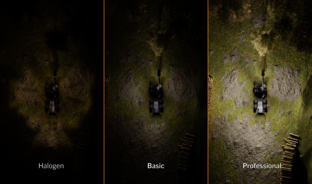 Simulated comparison of Halogen vs Nordic Lights LED Basic vs Professional LED light upgrade on Forestry harvester